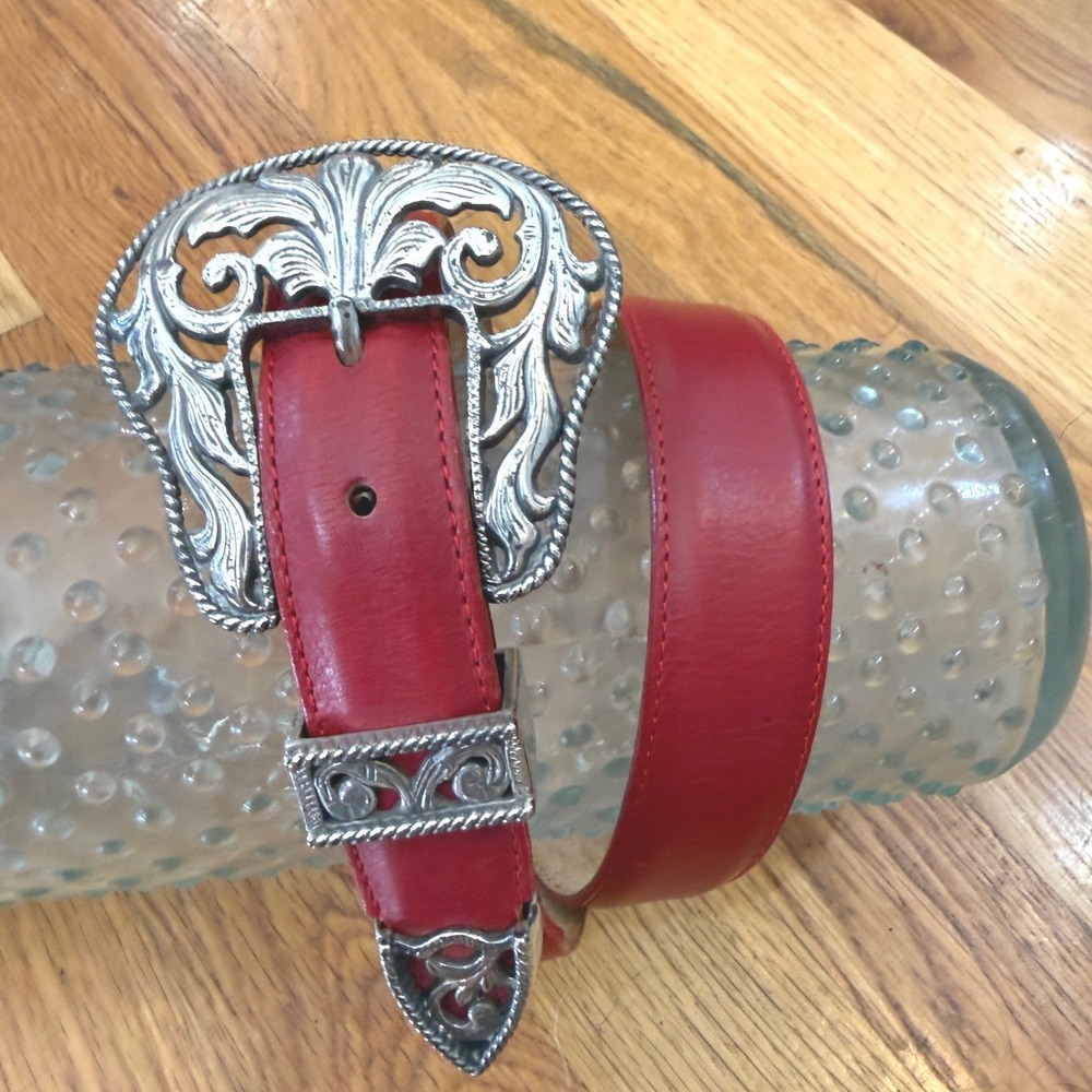 Justin Red Leather Western Belt Silver Engraved Filigree Buckle USA Made 30
